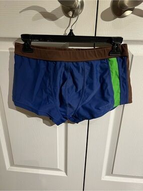 lei Blue Swim Trunks with Green Side Stripe and Brown Waistband
